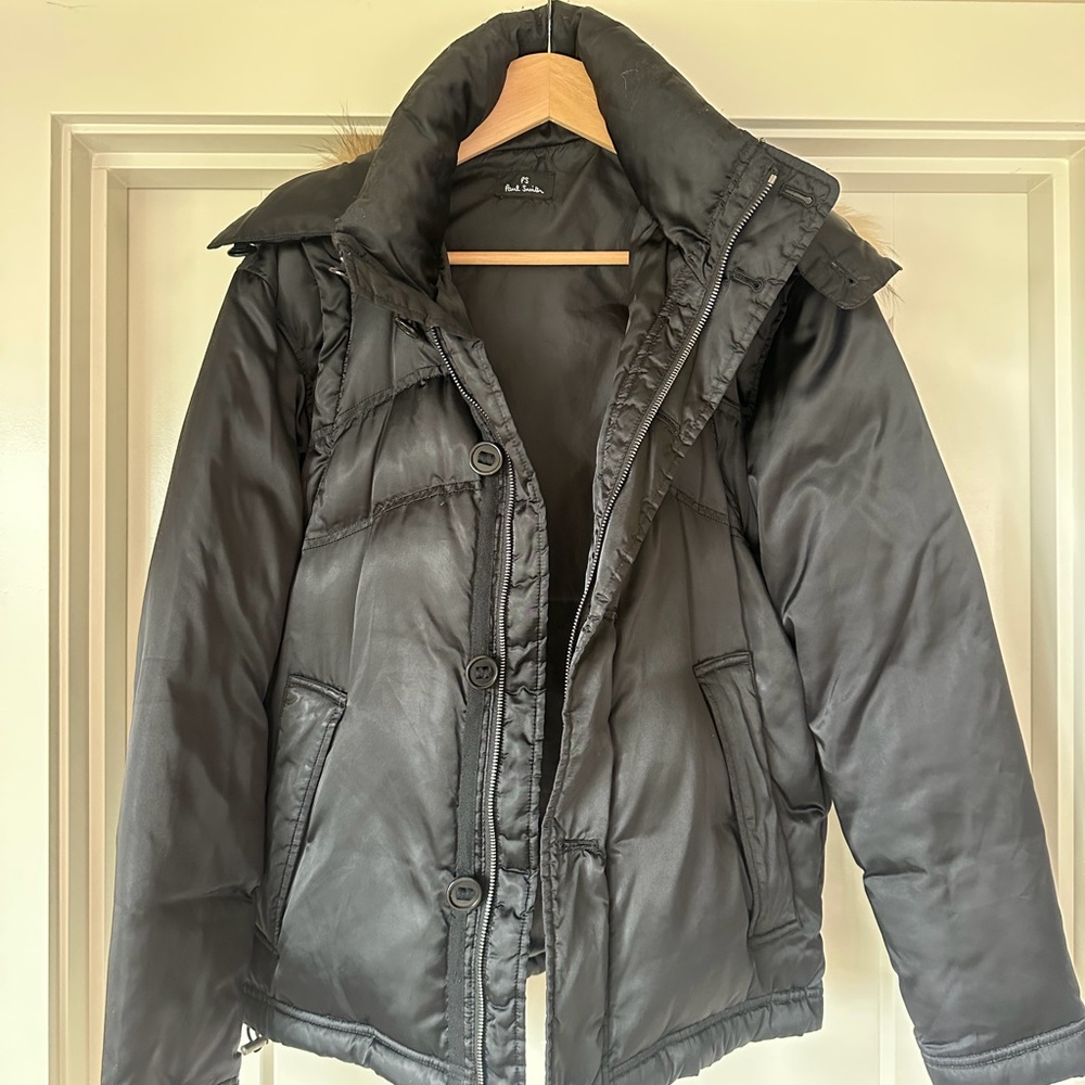 PS Paul Smith Black Puffer Jacket with Real Fur Hood